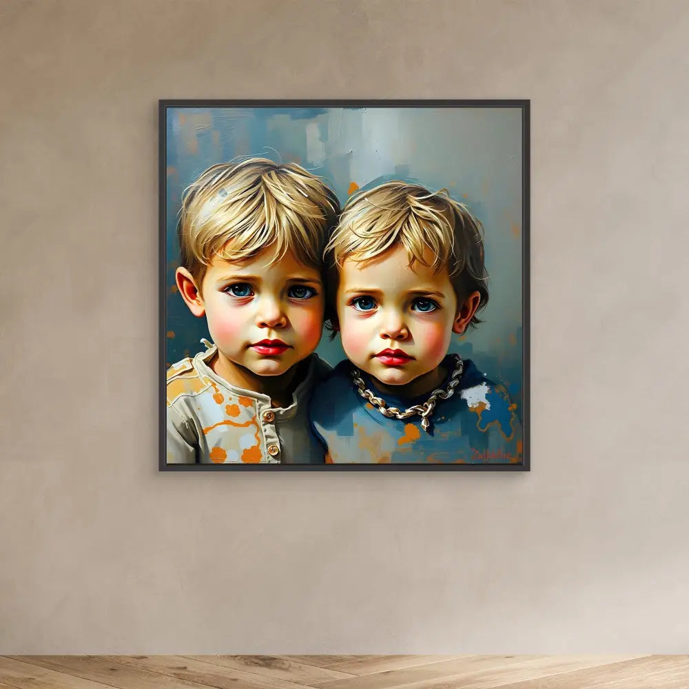 A framed portrait painting of two young children with blonde hair.