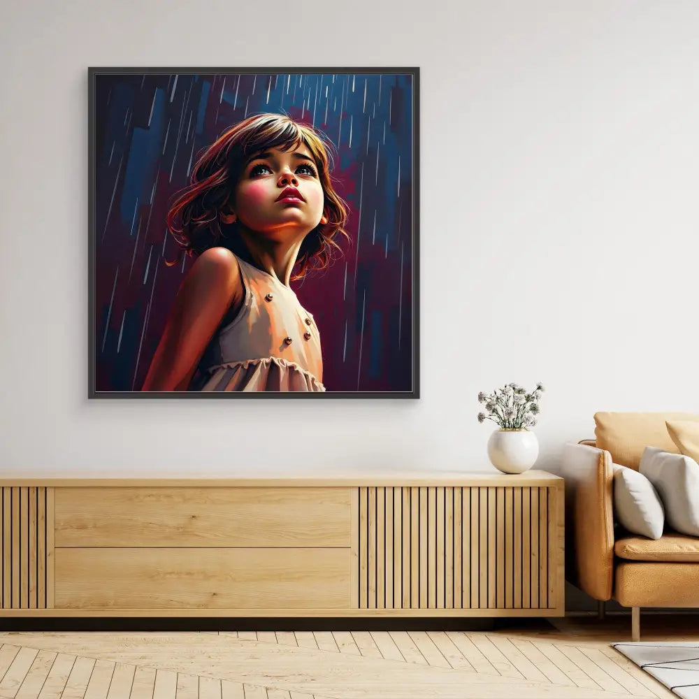 A framed portrait painting showing someone looking upward in the rain with dramatic lighting and colors.