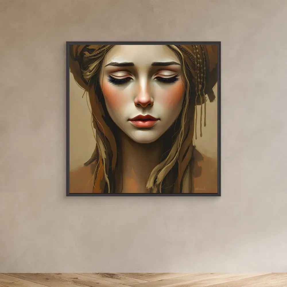 A framed portrait painting in warm earth tones depicting a figure with closed eyes and a draped head covering.