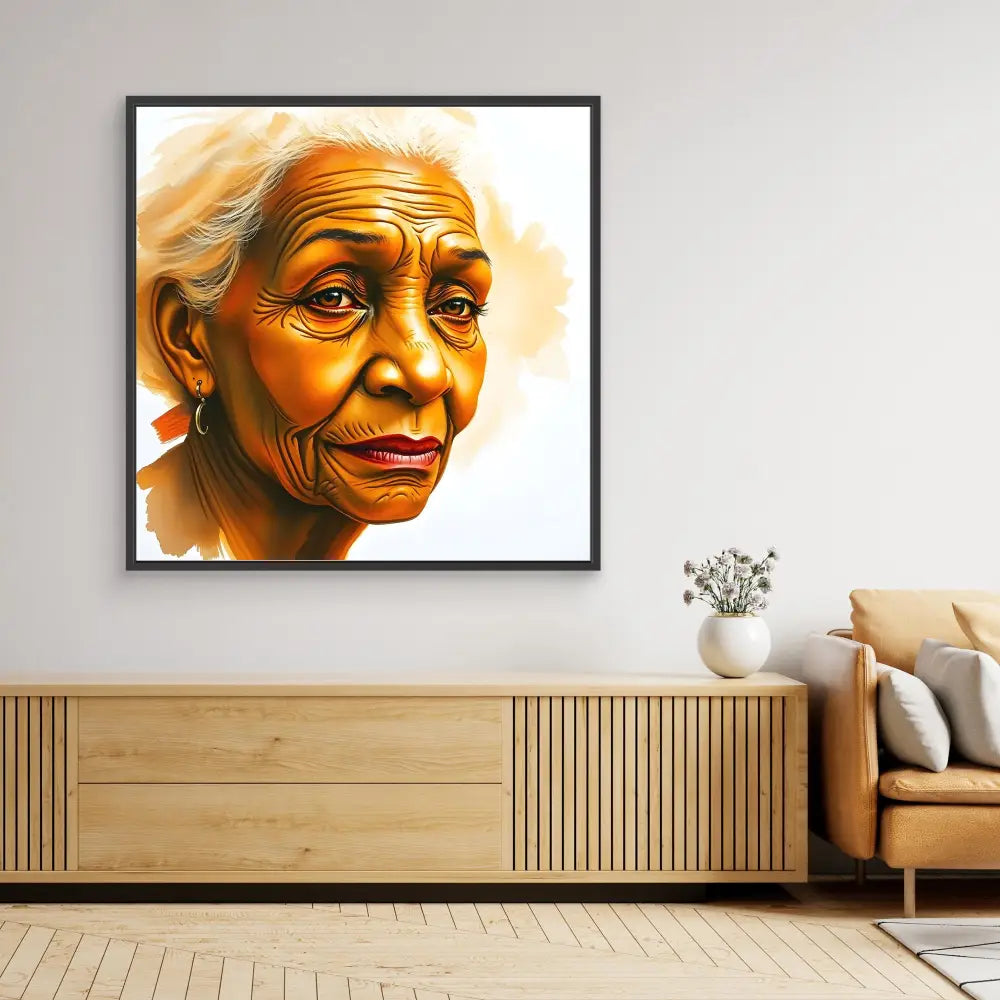 A framed portrait painting with warm orange and golden tones depicting an elderly person’s expressive face.