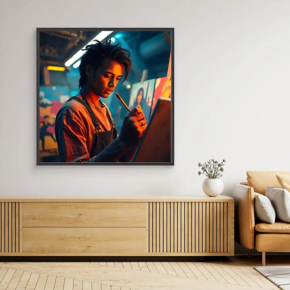 A framed portrait photograph with dramatic blue and orange lighting mounted above a wooden credenza.