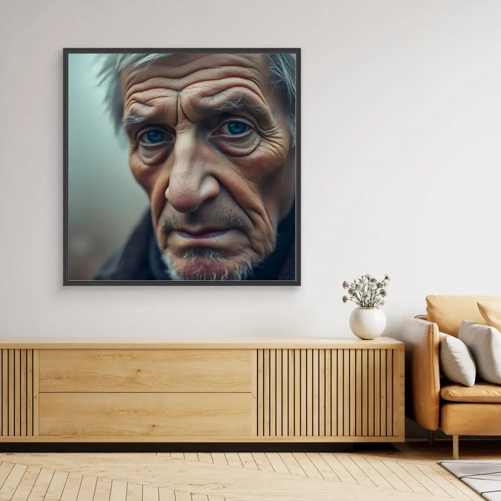 A framed portrait photograph showing intense blue eyes and weathered facial features.