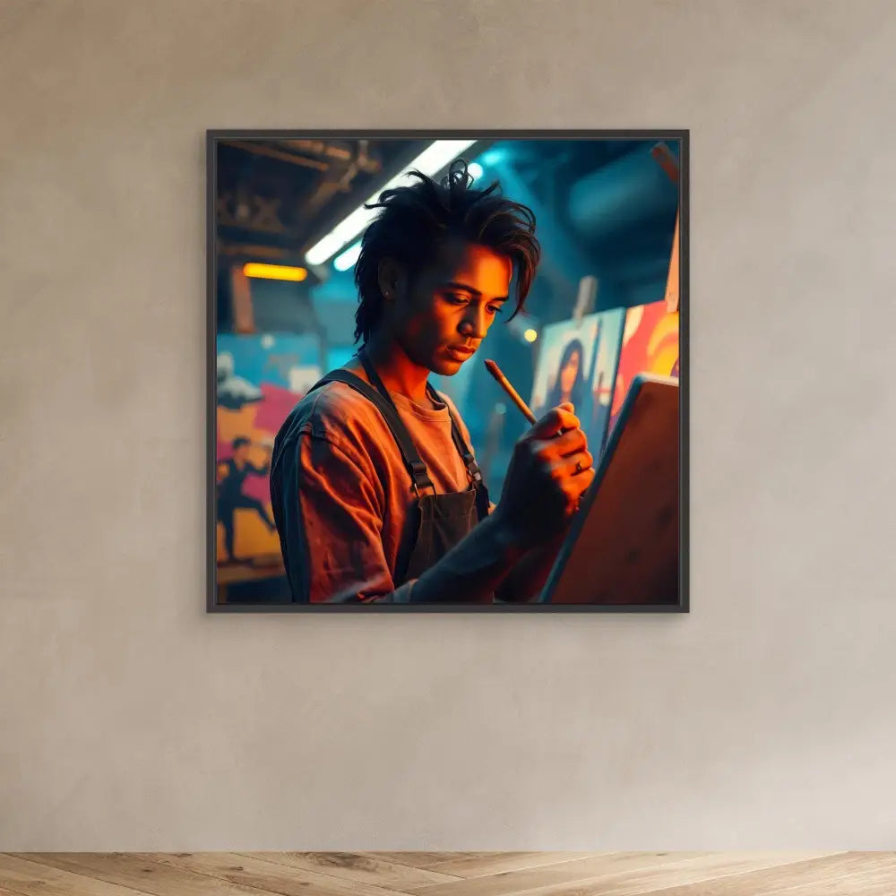 A framed portrait photograph of someone lighting a cigarette in an orange/rust-colored shirt.