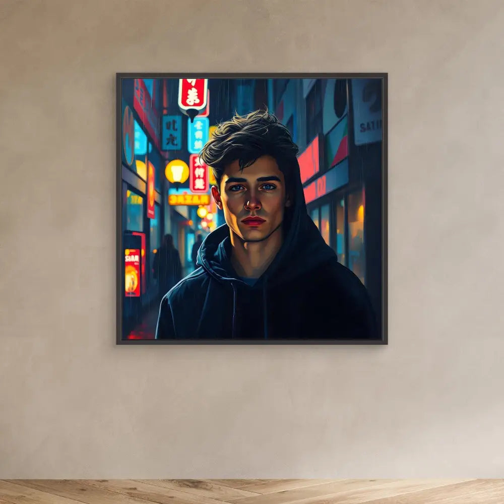 A framed portrait photograph with neon city lights in the background.