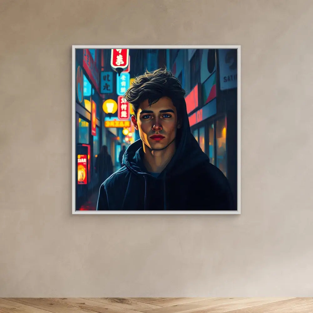 A framed portrait photograph with neon city lights creating dramatic lighting effects.