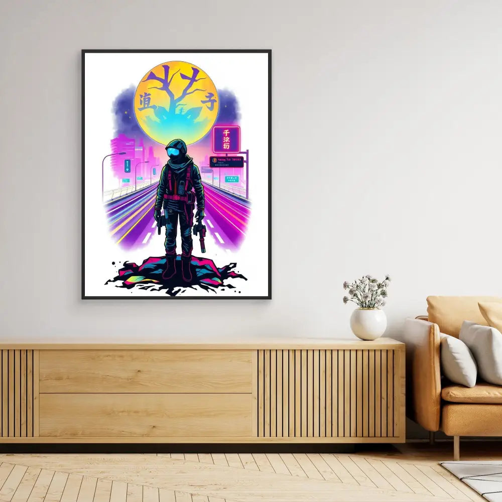 A framed retro-futuristic artwork featuring an astronaut silhouette against neon-colored cityscape.