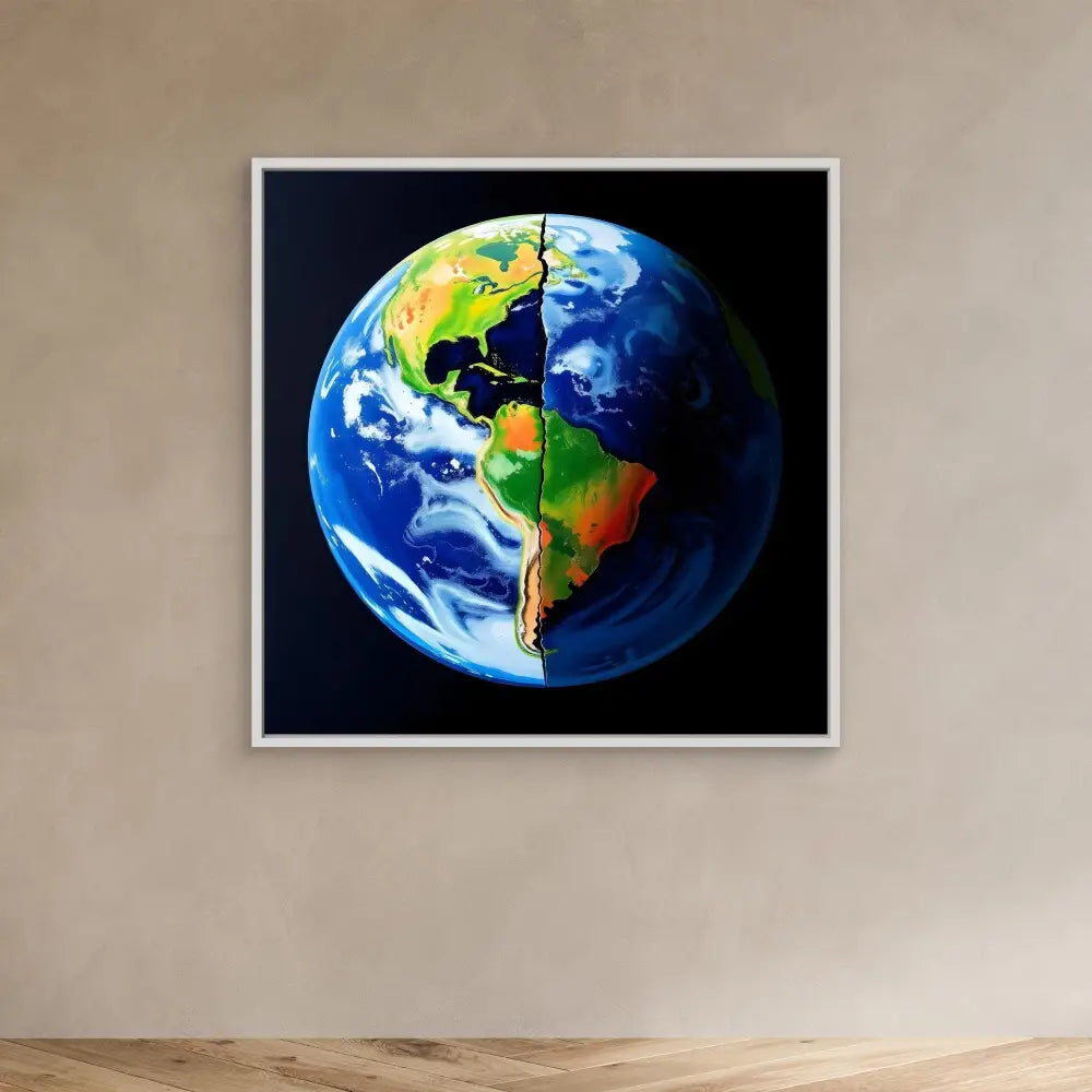 A framed satellite view of Earth showing North and South America against a black background.