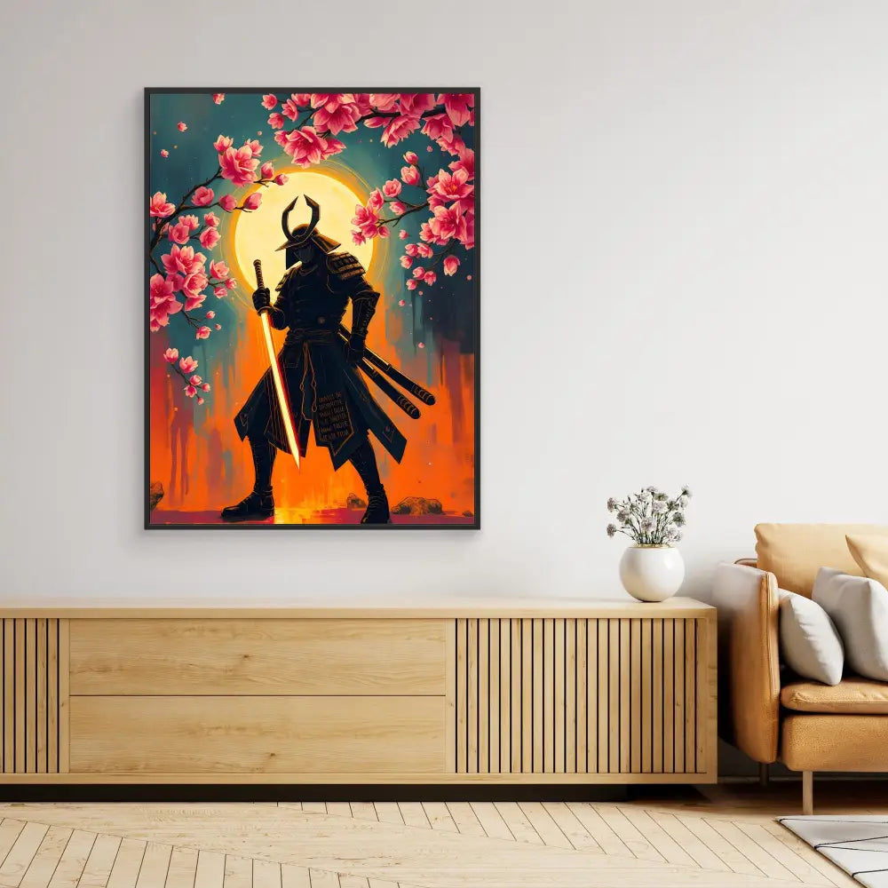 A framed silhouette artwork of a samurai warrior against a sunset with cherry blossoms.