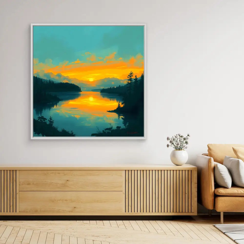 A framed sunset landscape painting featuring a lake surrounded by silhouetted trees.