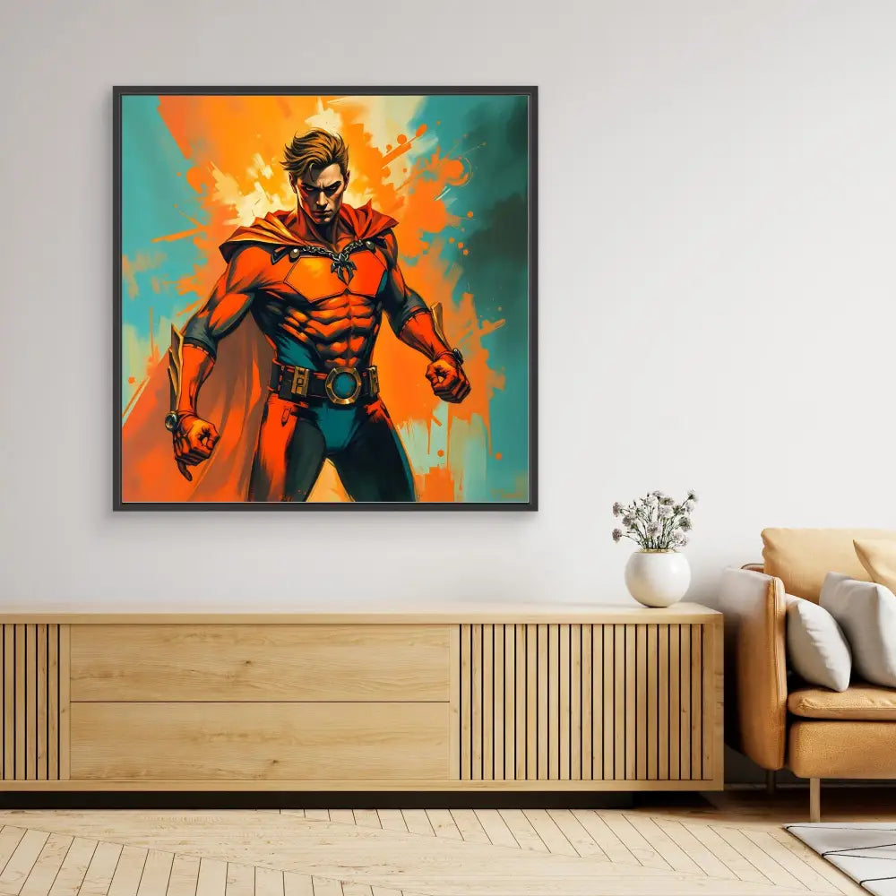 Framed superhero artwork featuring a muscular figure in red and blue against an orange and teal backdrop.