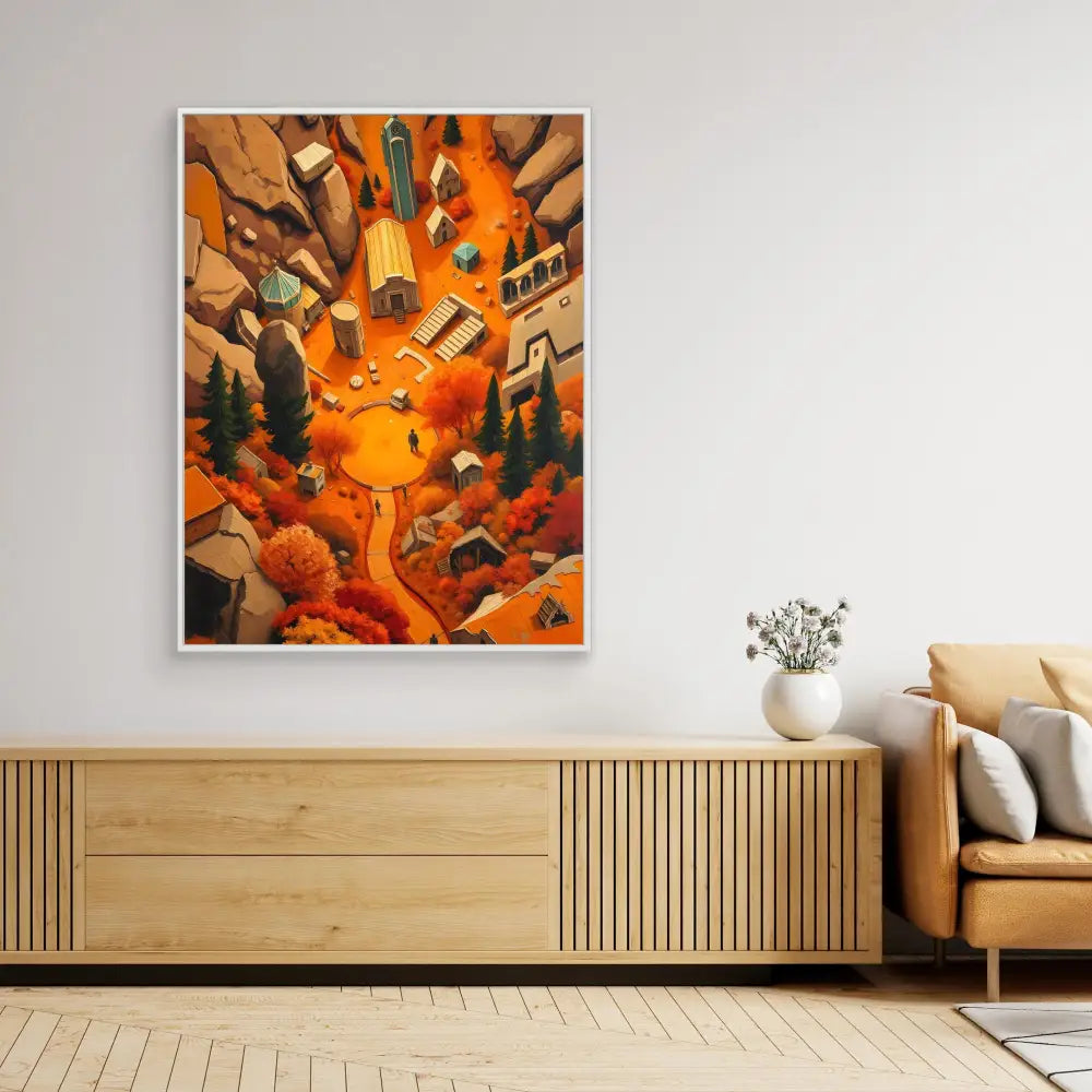 A framed surreal artwork featuring books and buildings exploding upward in orange and brown tones.