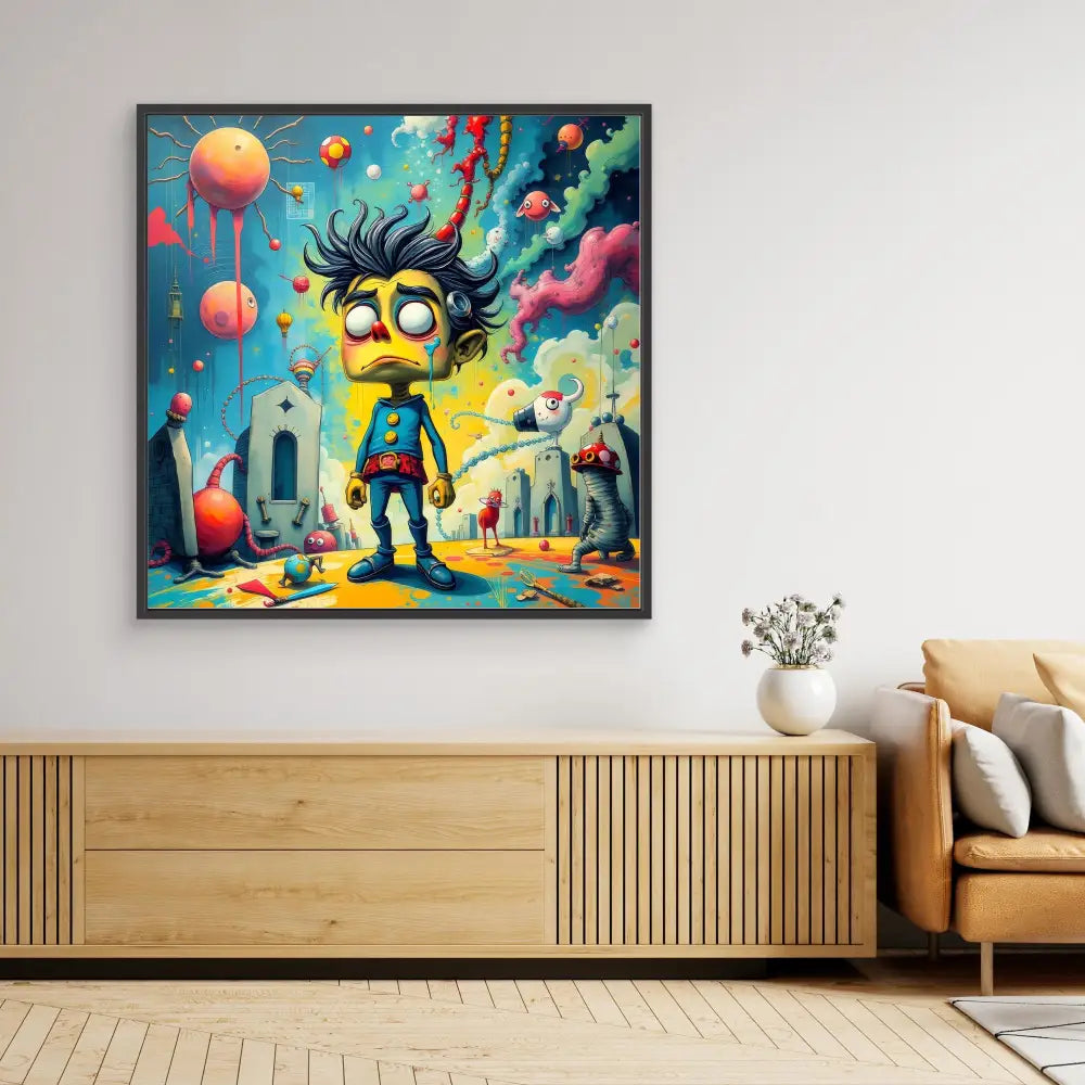 A framed surreal cartoon artwork featuring a wide-eyed character in a blue shirt against a colorful fantasy backdrop.