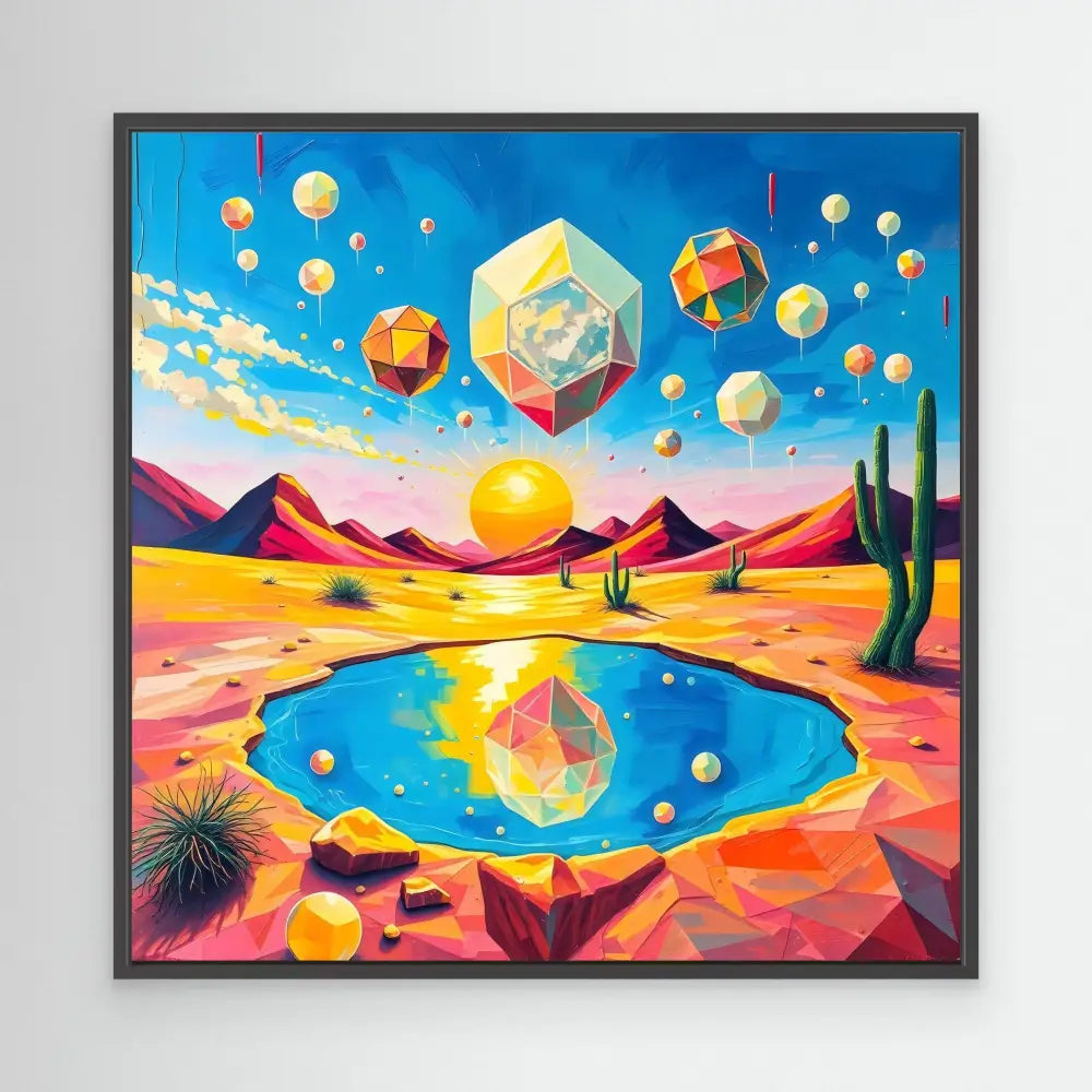 Framed surreal desert artwork featuring geometric crystals floating over a reflective pool.