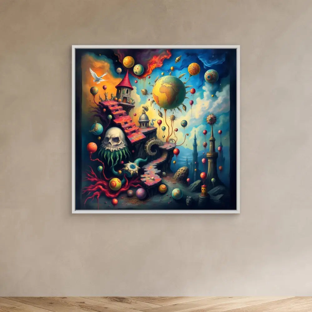 A framed surreal painting featuring colorful planets, jellyfish, and floating objects in a whimsical cosmic scene.