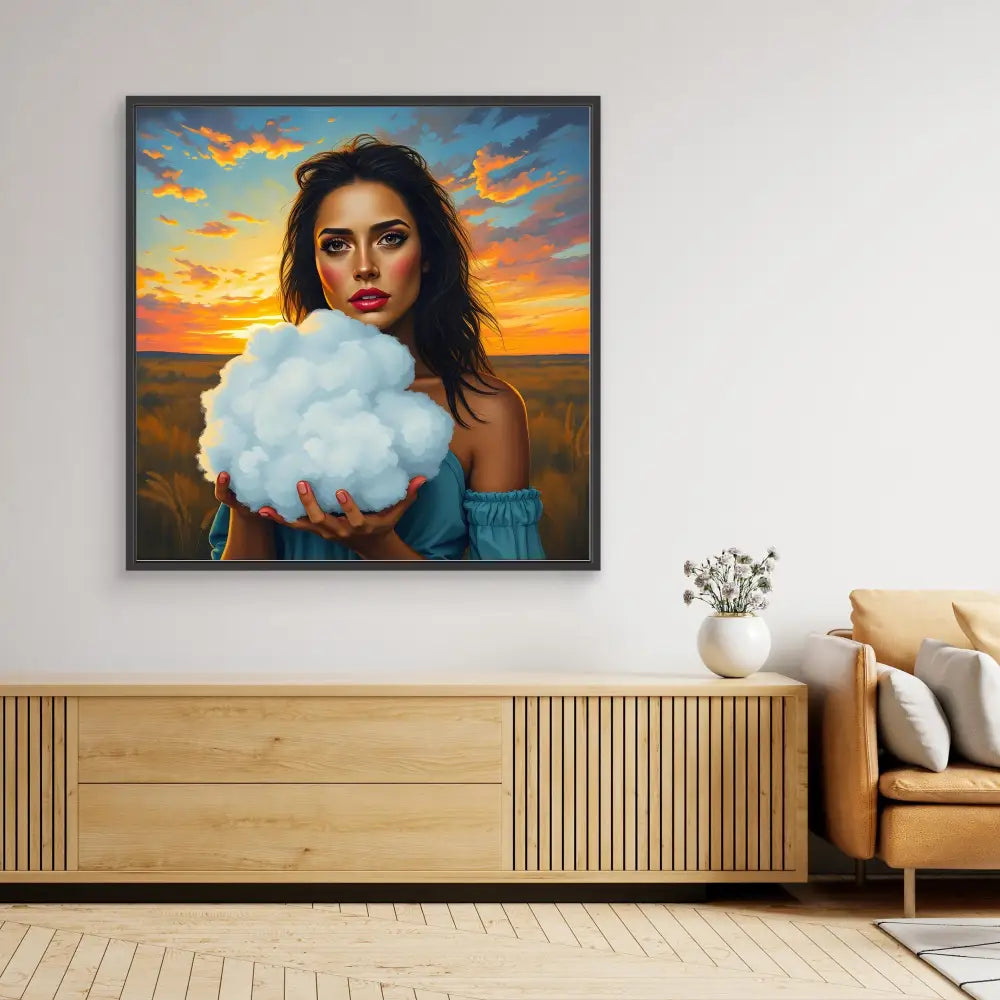 A framed surreal portrait featuring a woman holding a cloud against a sunset sky.