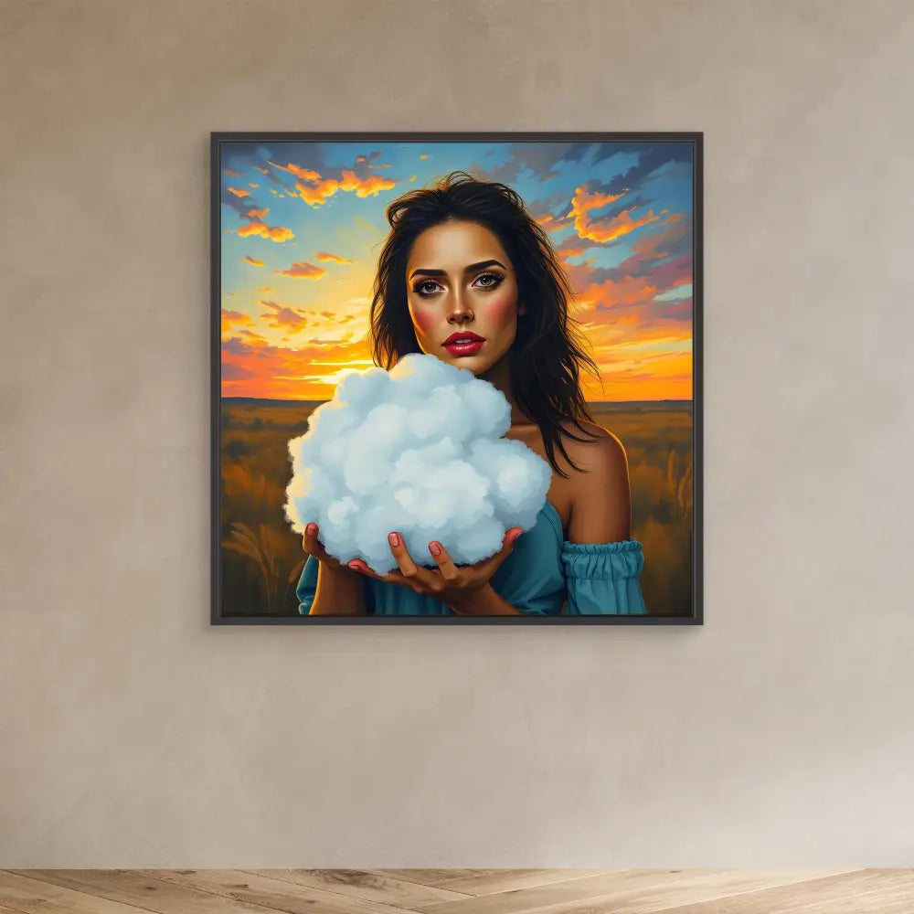 A framed surrealist painting featuring a person holding a white cloud against a sunset sky.