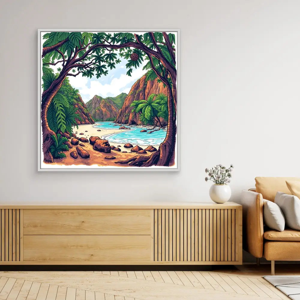 A framed tropical beach landscape painting featuring a cove with mountains, palm trees, and turquoise water.