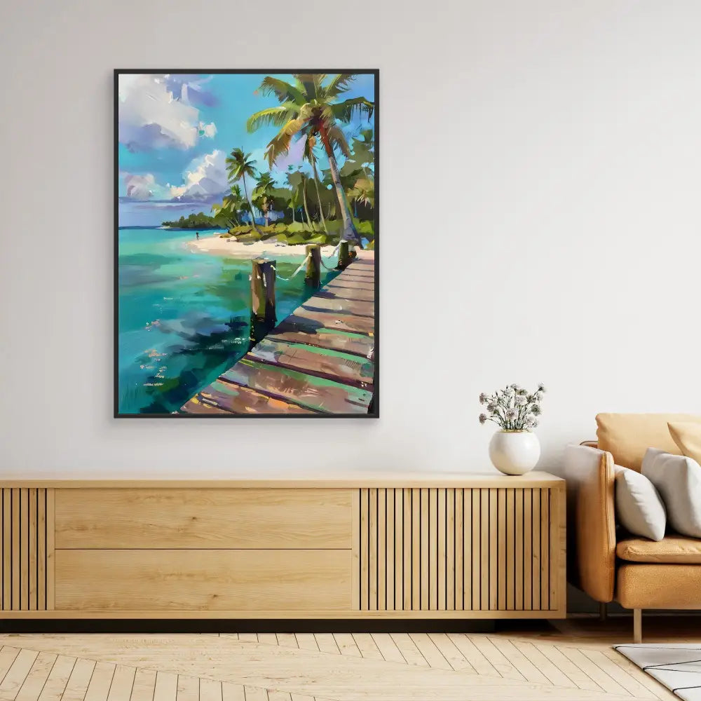 Framed tropical beach painting featuring palm trees and a wooden boardwalk along turquoise waters.