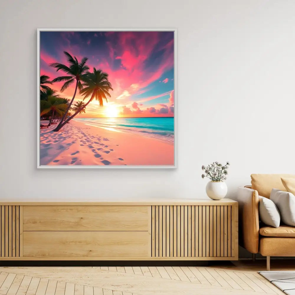 Framed tropical beach sunset artwork with palm trees and pink-tinged sky.