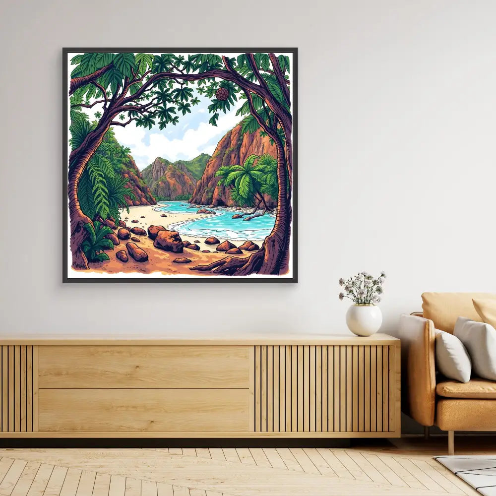 Framed tropical landscape painting featuring a secluded beach cove with palm trees and rocky cliffs.