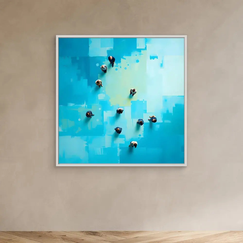 A framed turquoise abstract painting with black butterflies mounted on its surface.