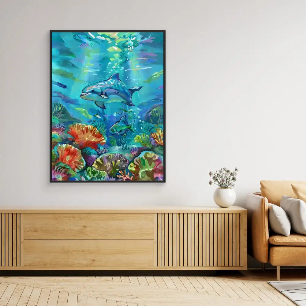 A framed underwater painting featuring dolphins swimming among colorful coral reefs.