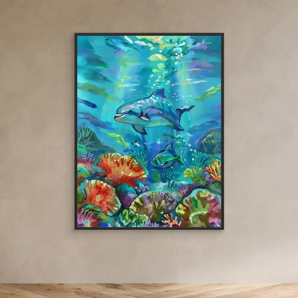 A framed underwater painting featuring dolphins swimming among colorful coral reefs.