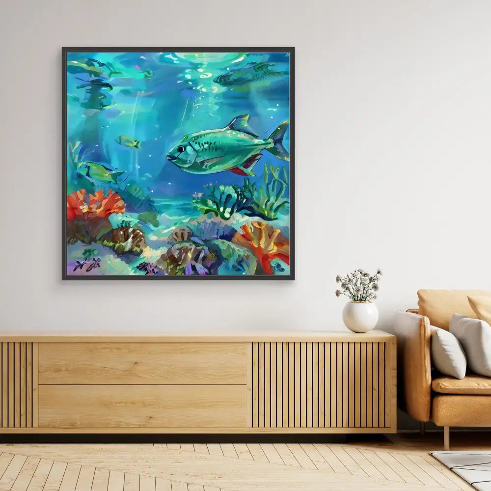 Framed underwater painting featuring tropical fish and coral reef.