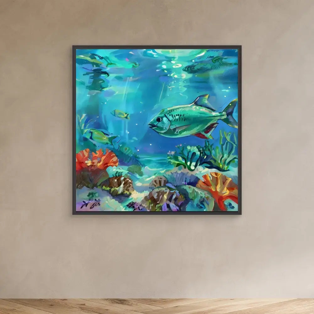 Framed underwater scene painting featuring colorful fish and coral reefs.