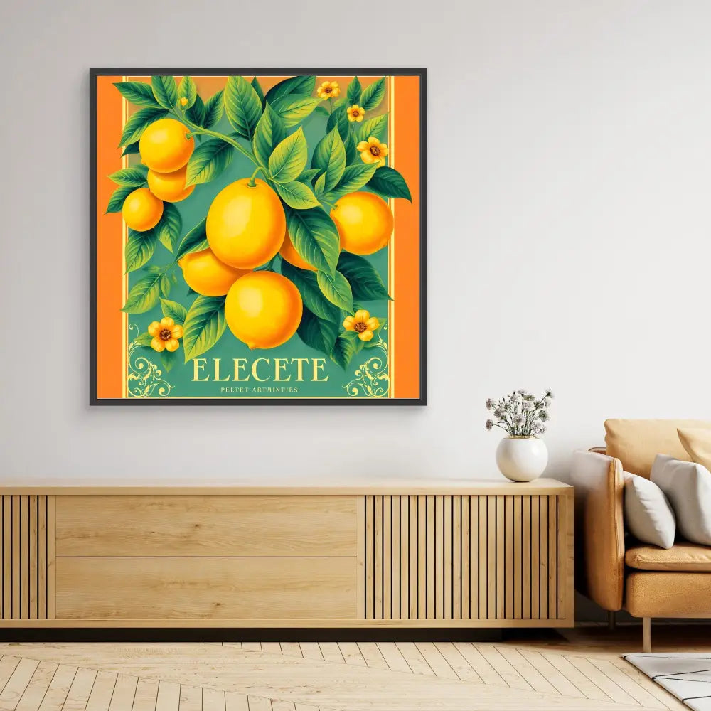 Framed vintage-style citrus fruit art print featuring oranges with green leaves and yellow flowers on an orange background.