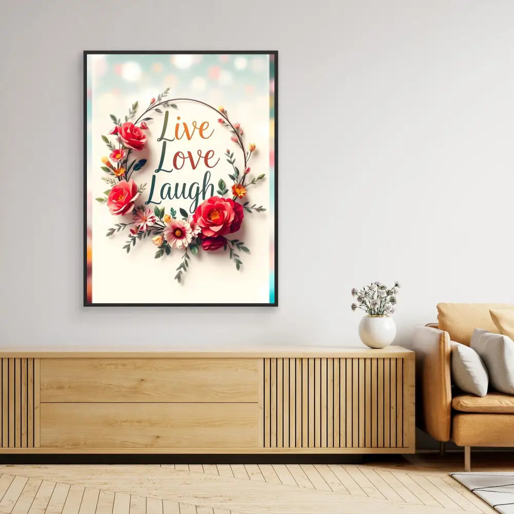 Framed wall art featuring ’Live Love Laugh’ text surrounded by red roses and floral elements.