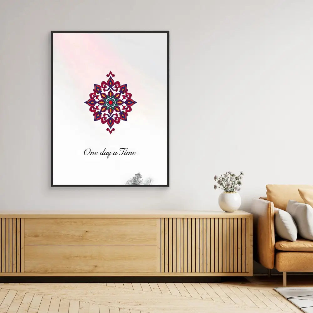 Framed wall art featuring a pink and blue mandala design with text reading ’One day a Time’