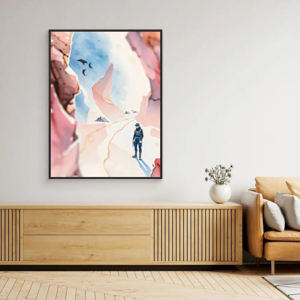 Framed watercolor artwork depicting a solitary figure amid pink and blue canyon-like formations with birds flying overhead.