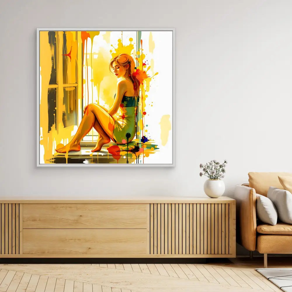 A framed watercolor painting featuring a figure in a green dress sitting by a window with yellow and orange tones.