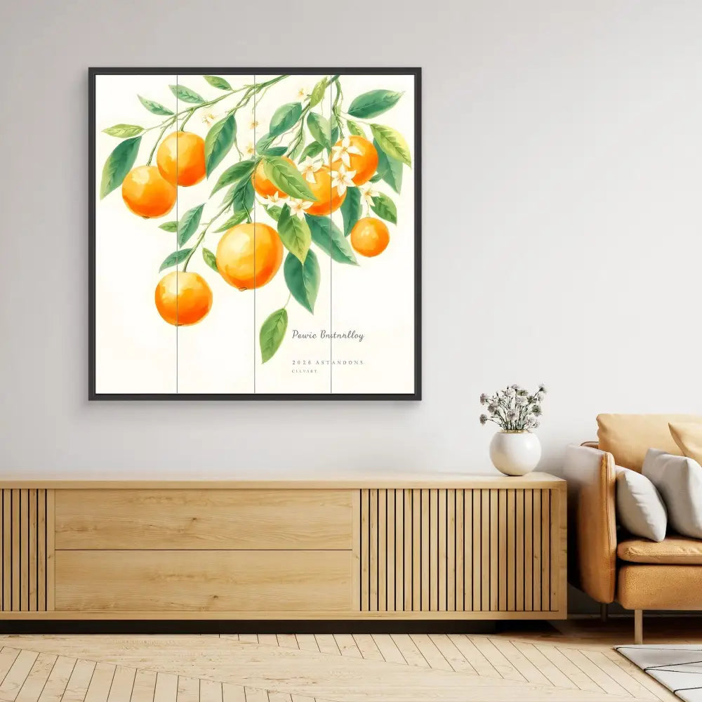 Framed watercolor painting of oranges hanging from branches with green leaves.