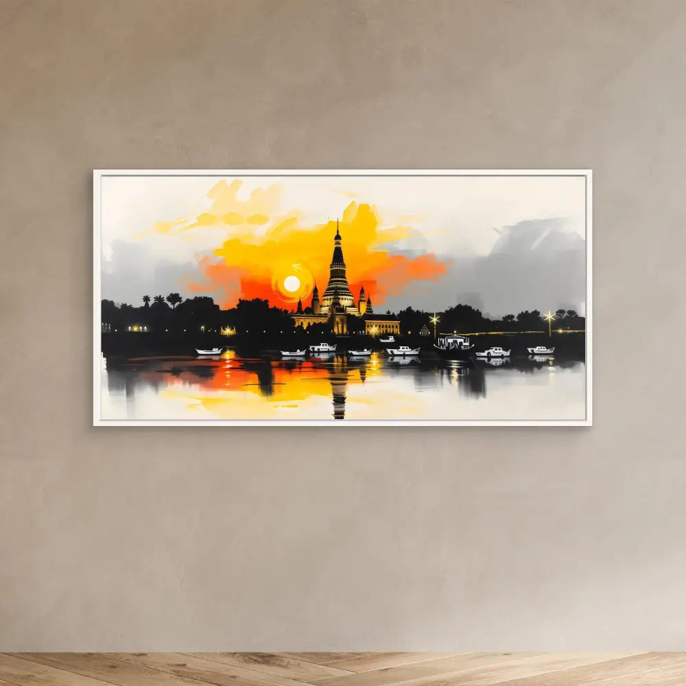 A framed watercolor painting depicting a temple silhouette against an orange sunset over water.