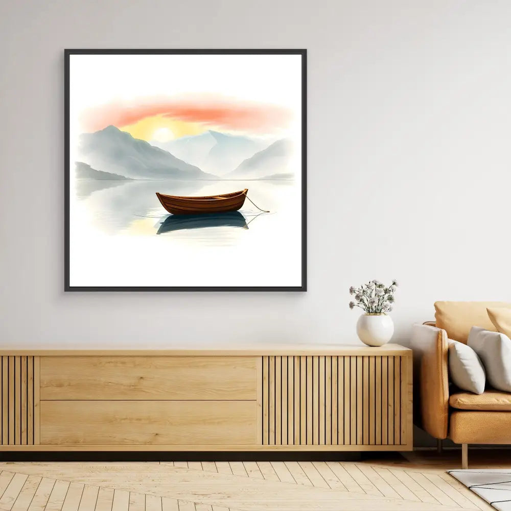 Framed watercolor painting of a wooden boat on calm water.