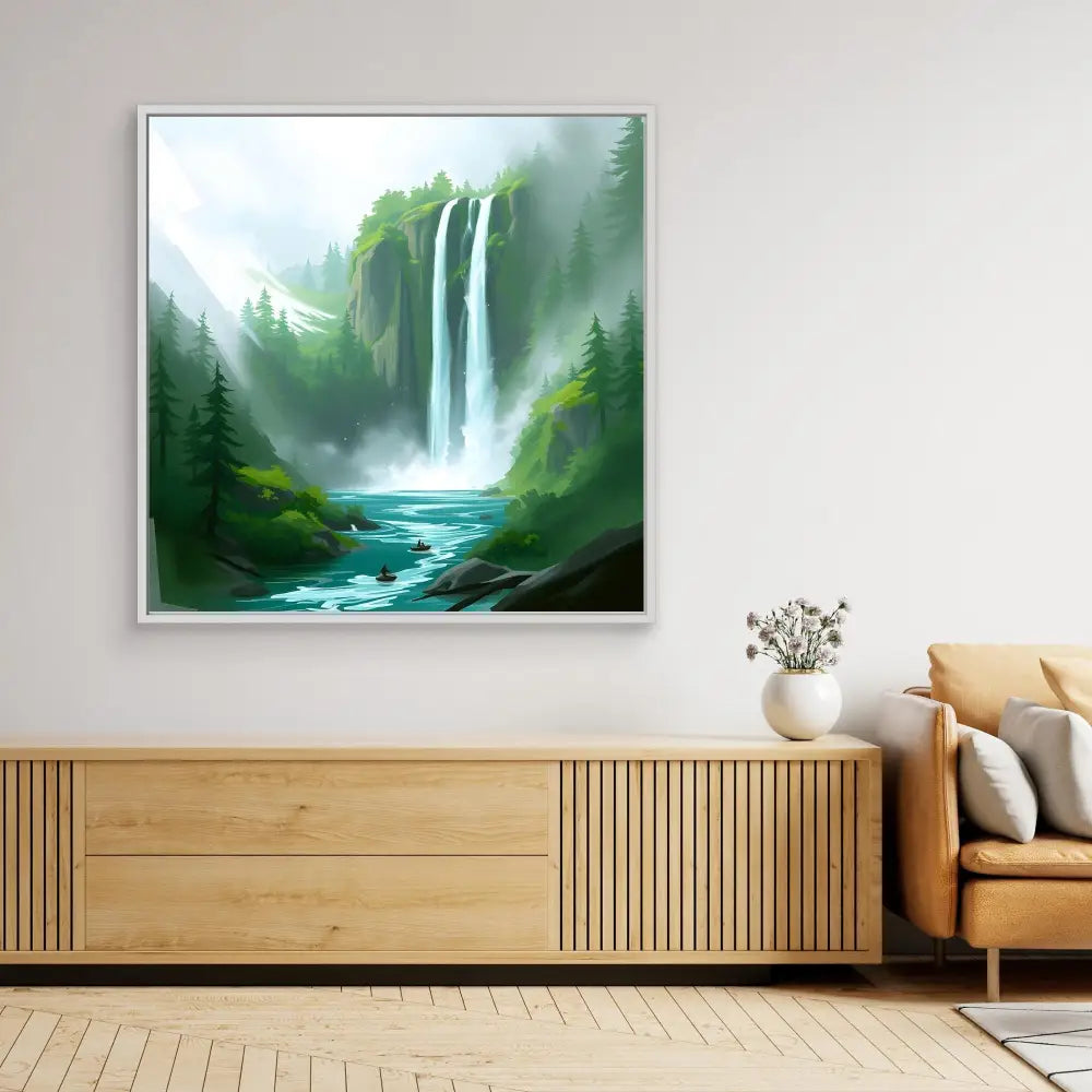 A framed waterfall painting with misty green forest scenery and flowing blue river.