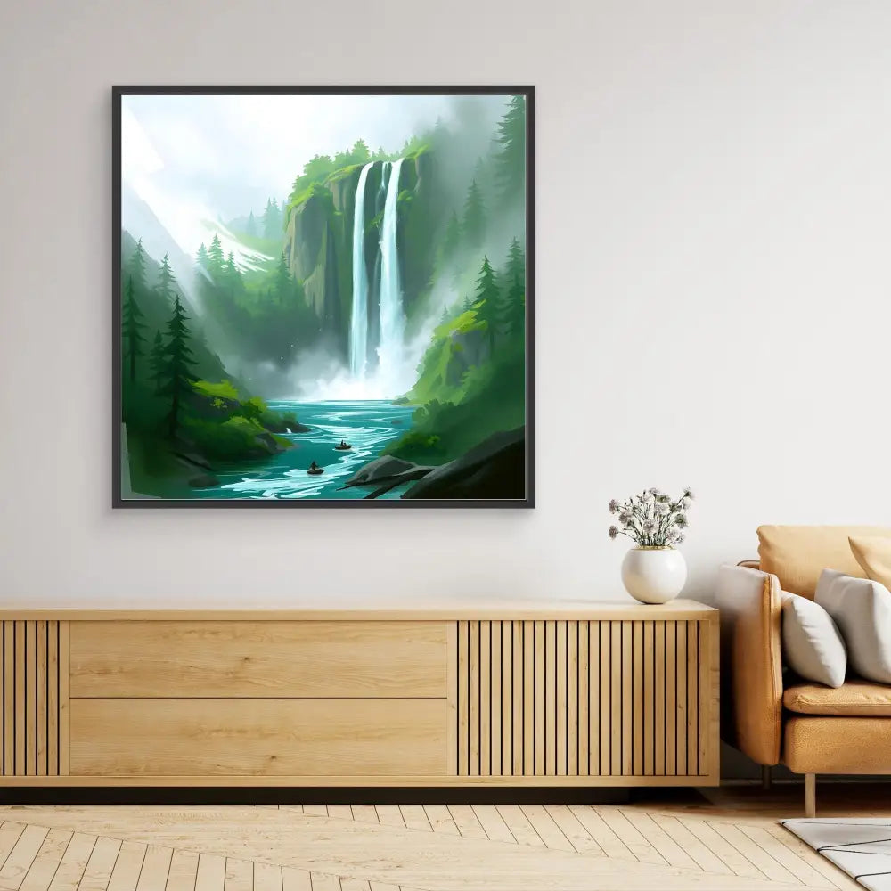 Framed waterfall painting with misty green forest and flowing river.