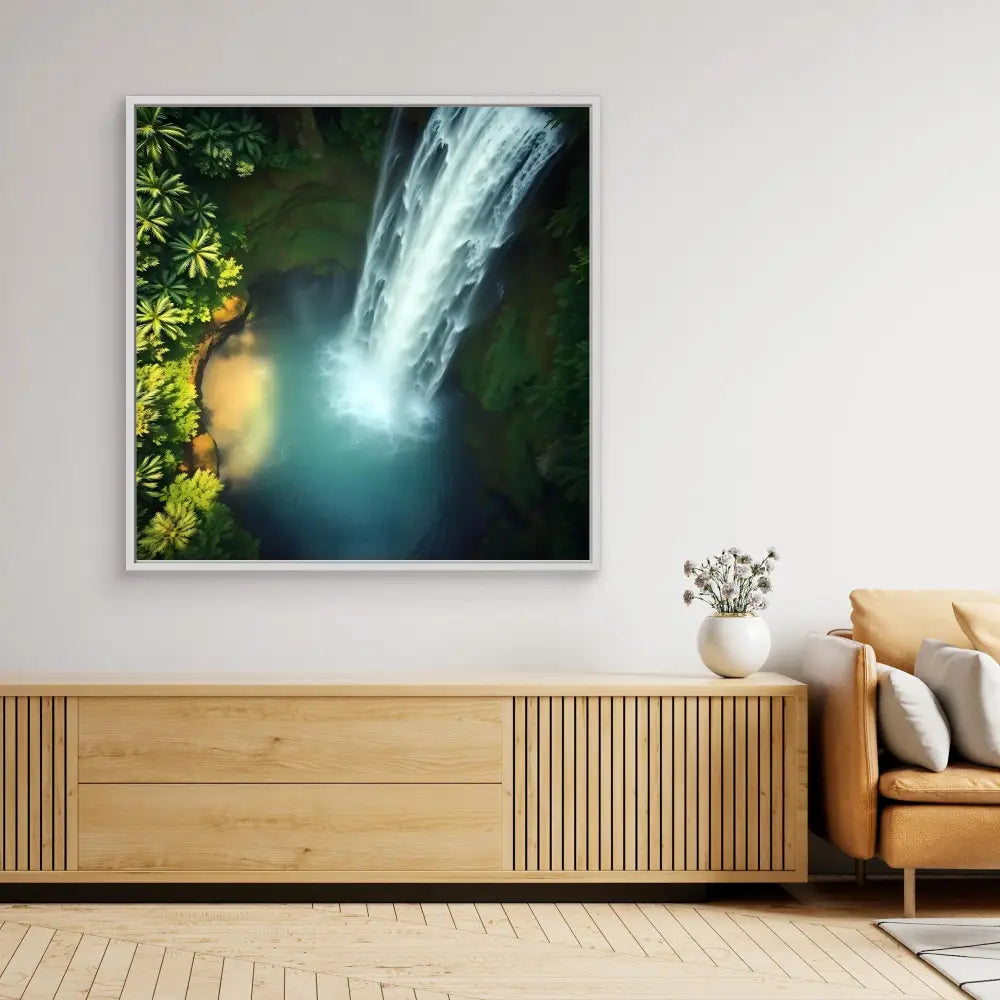 A framed waterfall photograph mounted above a wooden credenza.