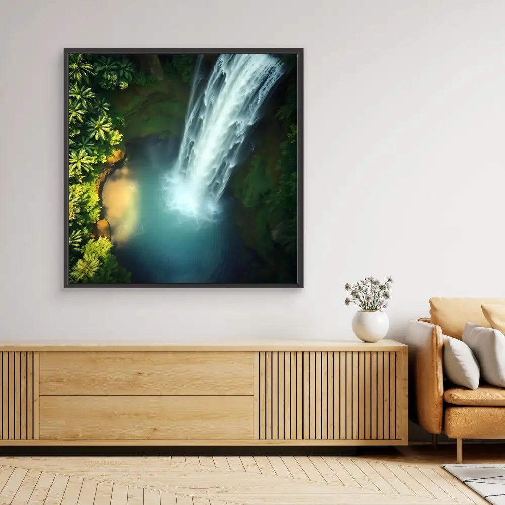 A framed waterfall photograph mounted above a wooden credenza.