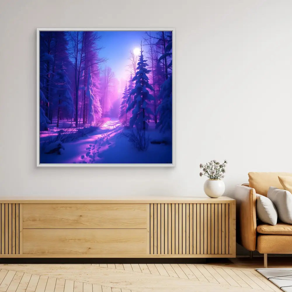 A framed winter forest artwork with purple and pink ethereal lighting.