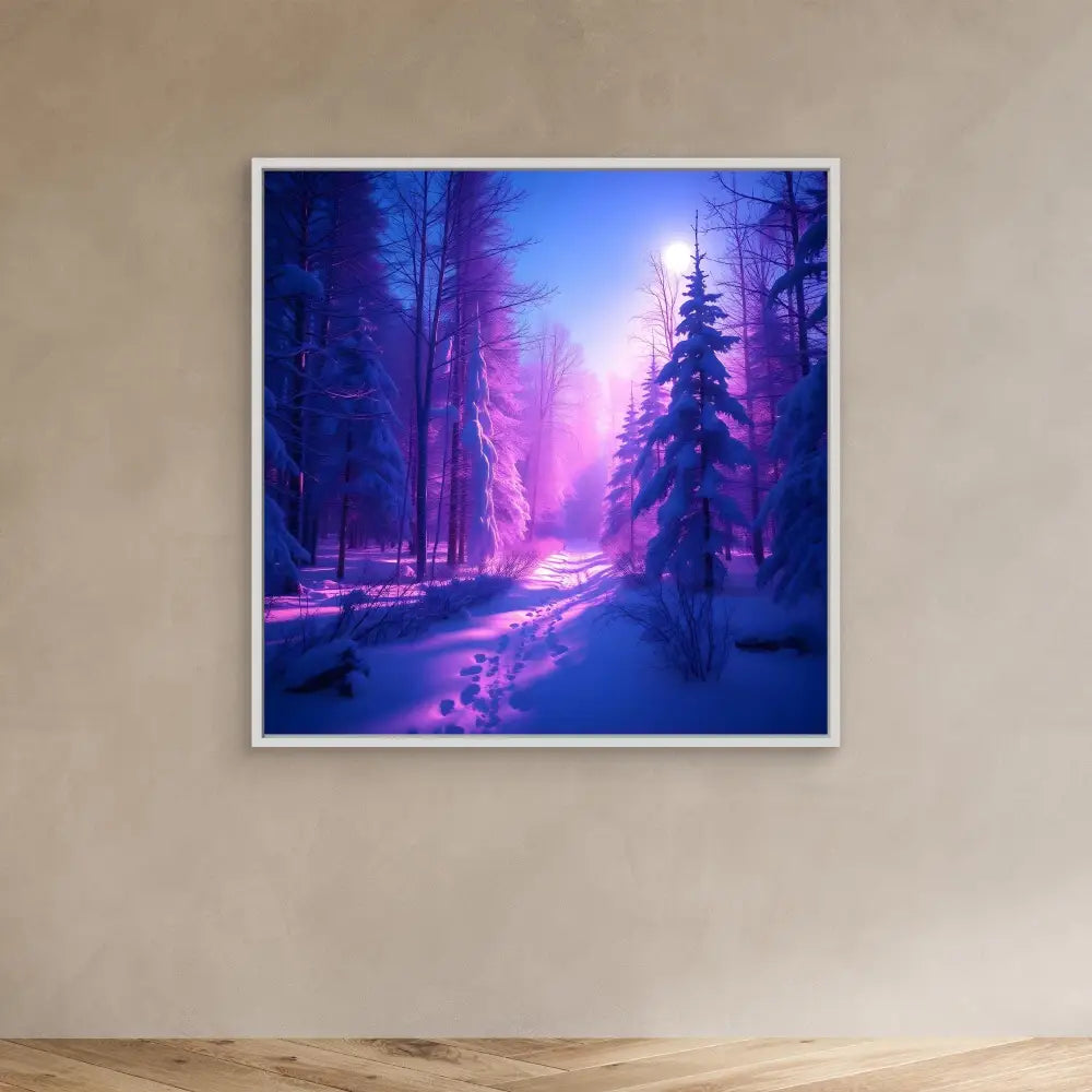 A framed winter forest scene with purple and pink ethereal lighting illuminating a snowy path.