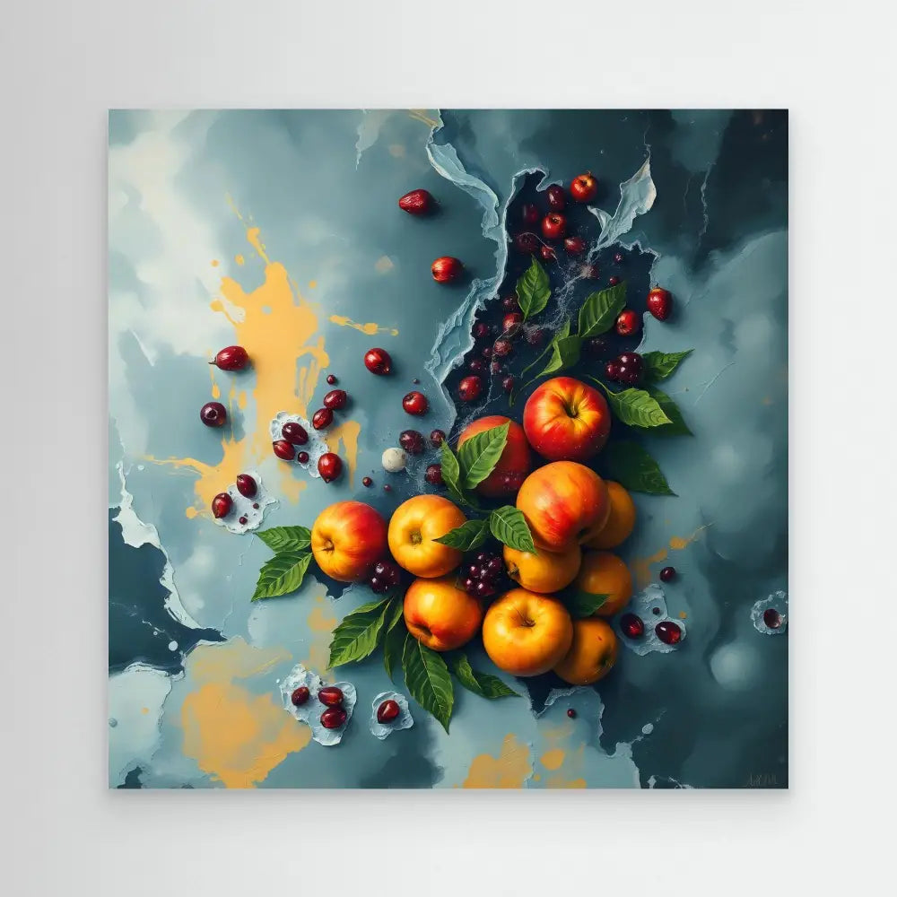 Fresh oranges and cherries arranged with green leaves in an artistic composition.