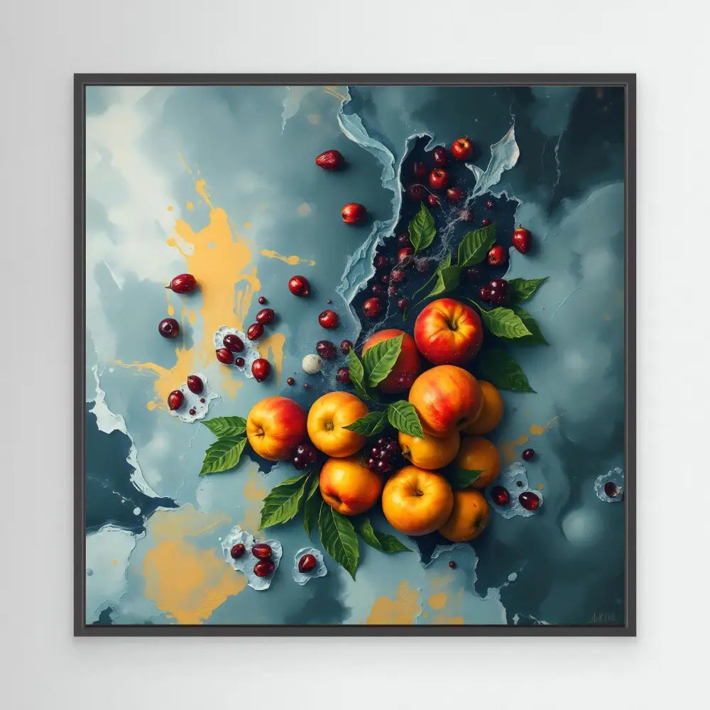 Fresh oranges and cranberries with green leaves arranged in an artistic composition.