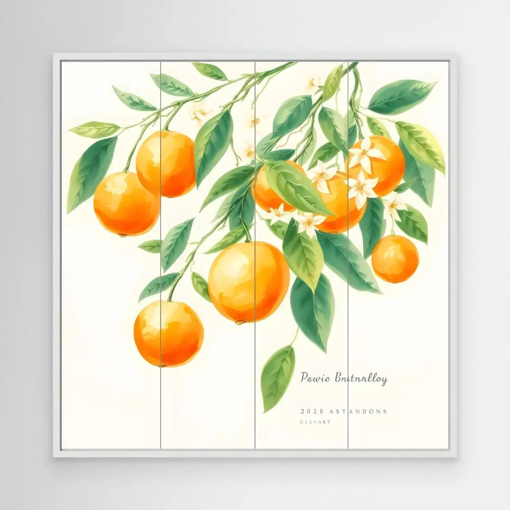 Fresh oranges with green leaves hanging from branches in a watercolor style painting.