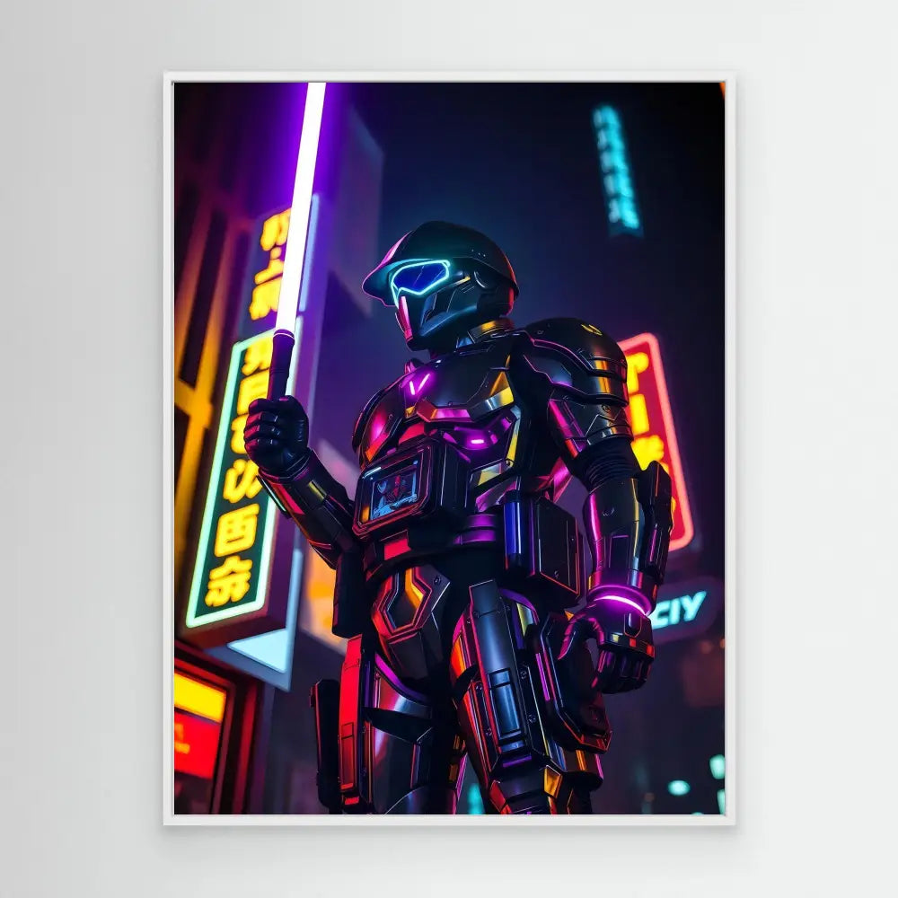 Futuristic armored figure illuminated by neon lights with glowing helmet details.