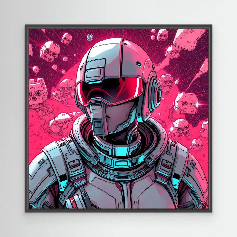 Futuristic armored soldier with a glowing helmet and cybernetic suit in neon pink and blue tones.