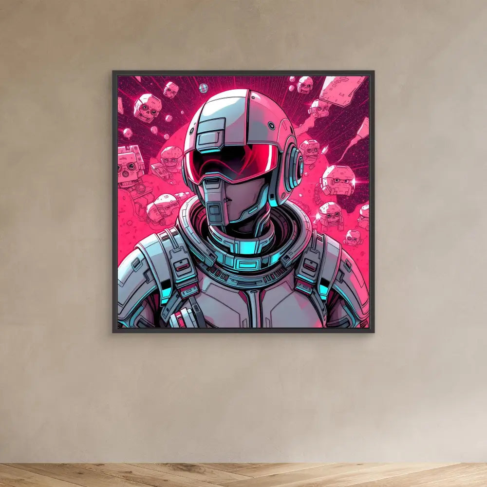 Futuristic armored soldier with a helmet against a pink cosmic backdrop.