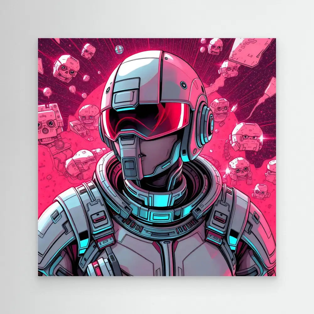 Futuristic armored soldier with a sleek helmet and glowing cyan accents against pink tones.